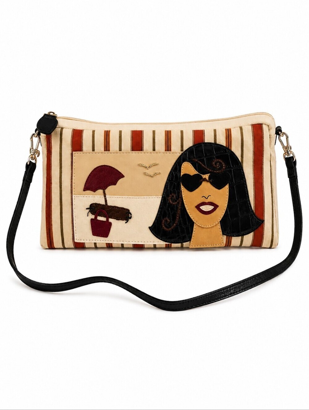 VTG BRIGHTON Canvas Beach Scene Mini Baguette Carpet Shoulder Bag